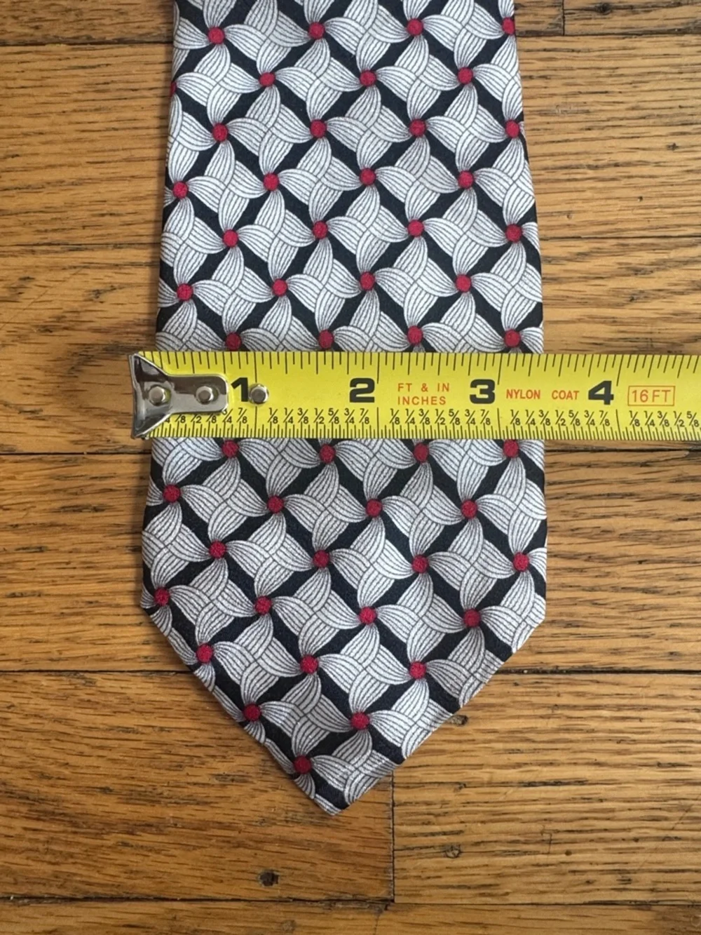 Bally Geometric Silk Tie in Black, White & Red Dot Accents